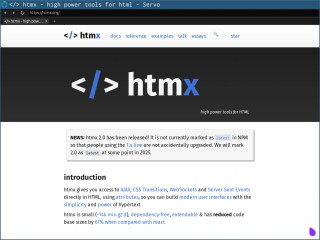 htmx home page in Servo, with the hero banner thing now working (it relies on XPath)