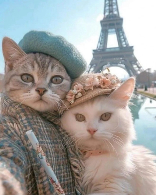 (A pair of Parisian cat lovers in front of the Eiffel Tower)