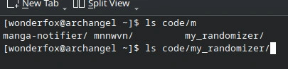 скриншот ls в теминале по запросу ls code/m tab нашлись папки manga-notifier, mnnwvn и my_randomizer