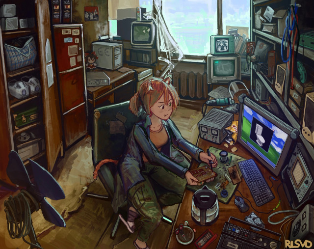 Anime girl in her room soldering circuit boards. The room is an electronics workshop with various old gears like CRT oscilloscopes, CRT TVs and monitors, analog power supplies, old fans, and a desktop computer running Windows XP with a spinning toliet meme, cassatle recorders. A Reimu Touhou fumo is also visible.