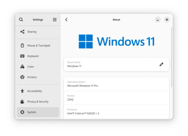 Gnome's About settings edited to have the Windows 11 Logo