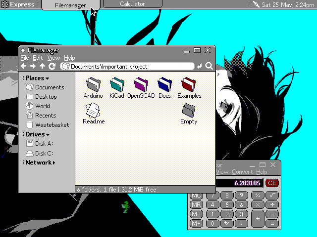 A screenshot of a computer display. It shows a file manager and a calculator app on top of black-and-blue wallpaper of a boy from Persona 3 Reload floating in the air.