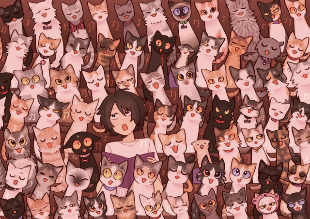 Anime boy with a lot fot cats