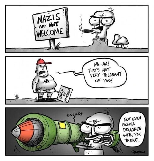 3 panel comic.
first panel: person is in a bunker with a sign "nazis are not welcome"

second panel: overweight person with a red baseball cap and a shirt with a swastika printed on "Haha! That's not very tolerant of you!"

Third panel: Person in bunker is aiming a rpg and saying "Not even gonna disagree with you there"