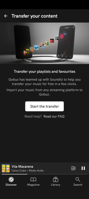 Start transfer screen in Qobuz menu