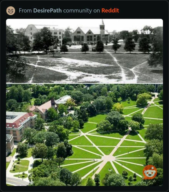 Ohio state university paths, developed by use, then paved over