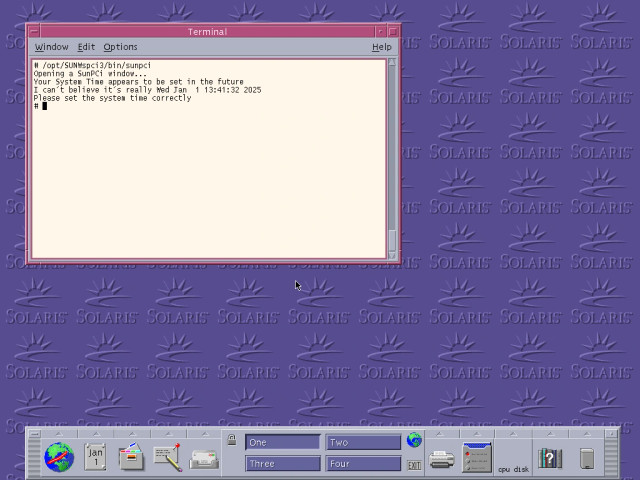 A screenshot of a Solaris desktop. The sunpci command says:
Opening a SunPCi window...
Your System Time appears to be set in the future
I can't believe it’s really Wed Jan  1 13:41:32 2025
Please set the system time correctly