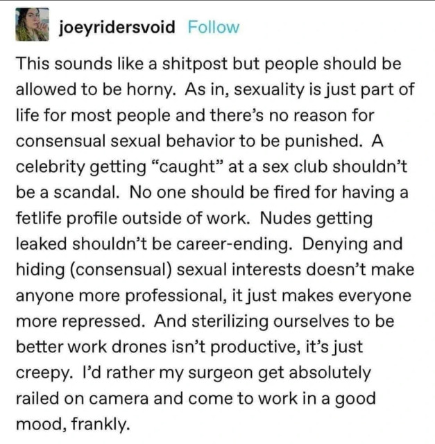 "joeyridersvoid" wrote:

This sounds like a shitpost but people should be allowed to be horny. As in, sexuality is just part of life for most people and there’s no reason for consensual sexual behavior to be punished. A celebrity getting “caught™ at a sex club shouldn’t be a scandal. No one should be fired for having a fetlife profile outside of work. Nudes getting leaked shouldn’t be career-ending. Denying and hiding (consensual) sexual interests doesn’t make anyone more professional, it just makes everyone more repressed. And sterilizing ourselves to be better work drones isn’t productive, it’s just creepy. I’d rather my surgeon get absolutely railed on camera and come to work in a good mood, frankly. 