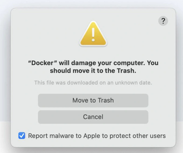 a macOS warning dialogg saying "Docker will damage your computer. You should move it to the Trash." with the only 2 options being Move to Trash and Cancel