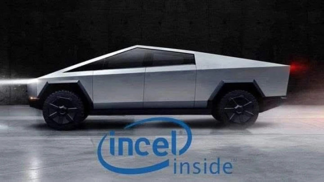 photo of a Tesla CyberTruck with a spoof on the "Intel Inside" marketing logo converted to read, "Incel Inside"