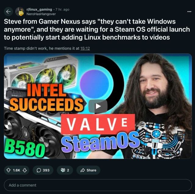 A YouTube video thumbnail featuring a person with long hair, a gaming graphics card, and text: "Steve from Gamer Nexus says 'they can't take Windows anymore,'" "INTEL SUCCEEDS," "VALVE," "SteamOS," "B580." YouTube play button overlay.