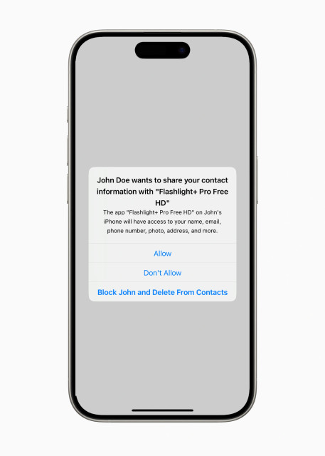 iPhone showing alert: “John Doe wants to share your contact information with ‘Flashlight+ Pro Free HD’. The app ‘Flashlight+ Pro Free HD’ on John’s iPhone will have access to your name, email, phone number, photo, address, and more.”

The buttons are:
“Allow"
“Don’t Allow”
“Block John and Delete From Contacts”