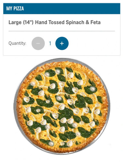 i don’t even know how to describe the horrors in this photo. it’s a pizza builder visualizer for the “spinach and feta” configuration. the spinach overlay layer looks fine, I guess, but the feta overlay is giving “moldy” at best and “no loads refused” at worst