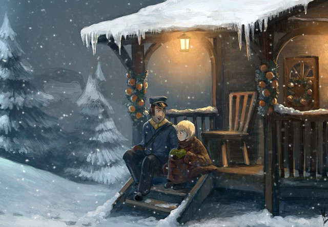 Painterly comic panel: On the porch of a house, under a snowy night, a little girl sits curled up in a blanket. Near her, a postman is talking to her.