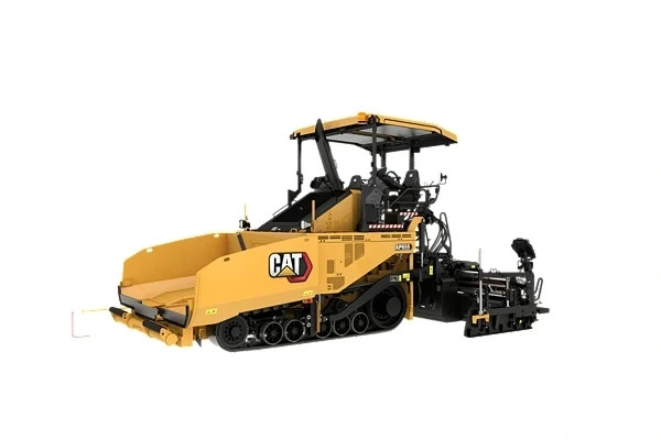 A really big yellow cat. It has some black parts. Its on a white backrgound. Its a construction machine actually