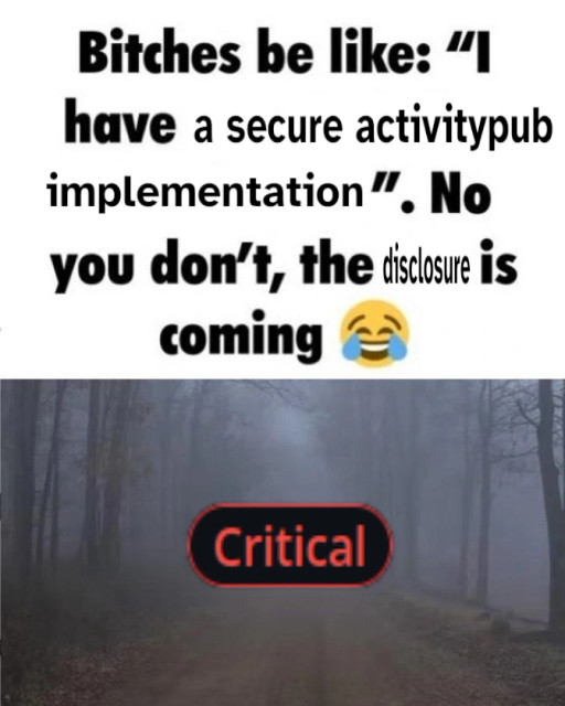 meme
bitches be like "i have a secure activitypub implementation". no you don't, the disclosure is coming (laughing crying emoji)
(picture of a foggy forest with a github critical badge)