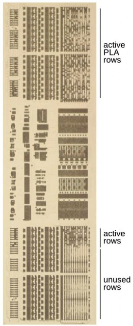 A closeup of the PLA circuit for the fixed Pentium showing numerous unused rows at the bottom.